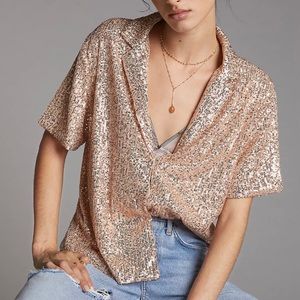 NEW Anthropologie Draped Sequined Short Sleeves Button-down Shirt Rose Gold Med